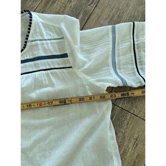 J. Jill Women's White Gauze Blue Pom Pom Tassel Button Semi-Sheer Blouse Size M - Picture 8 of 8